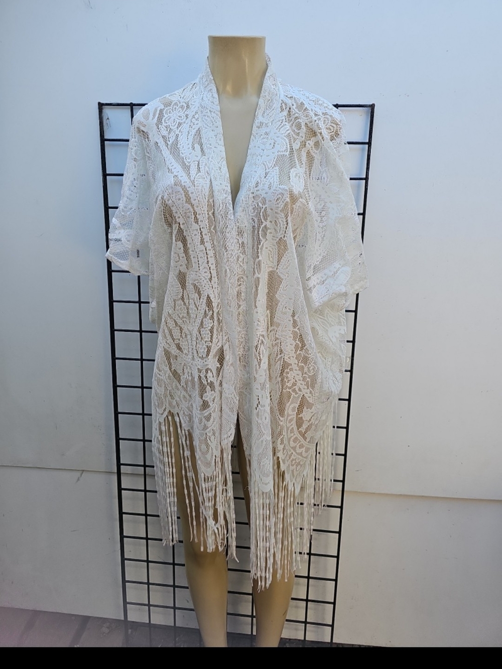 White Lace Fringe Open-Front Kimono Cardigan